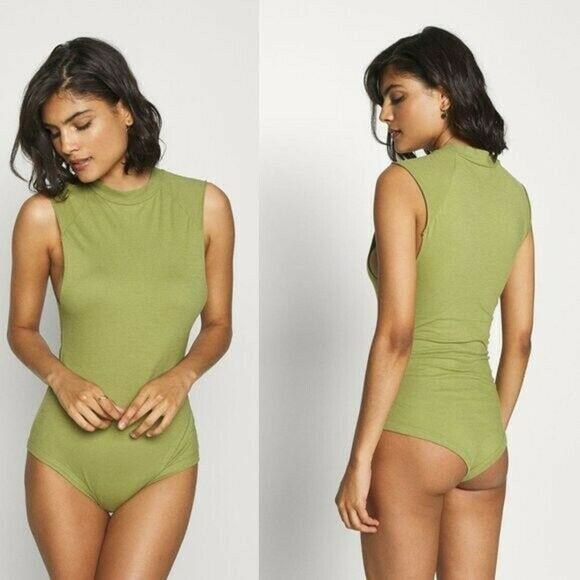 Free People Muscle Beach Bodysuit Mock Neck Sleeveless Army Green Cotton Size XS - Picture 1 of 5